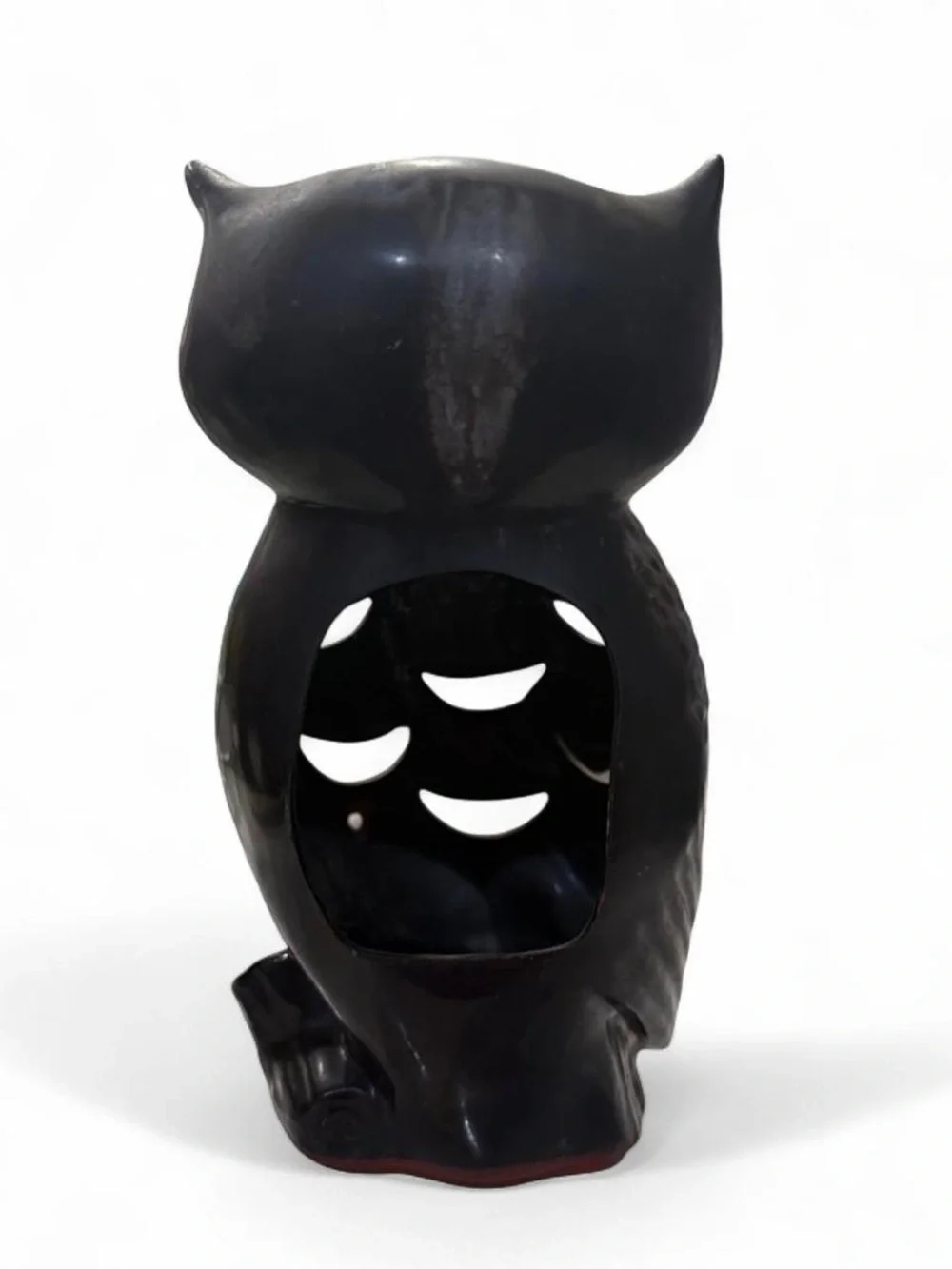 Vintage Ceramic Owl Votive Candle Holder Lantern Dark Brown Glaze Cutout 8